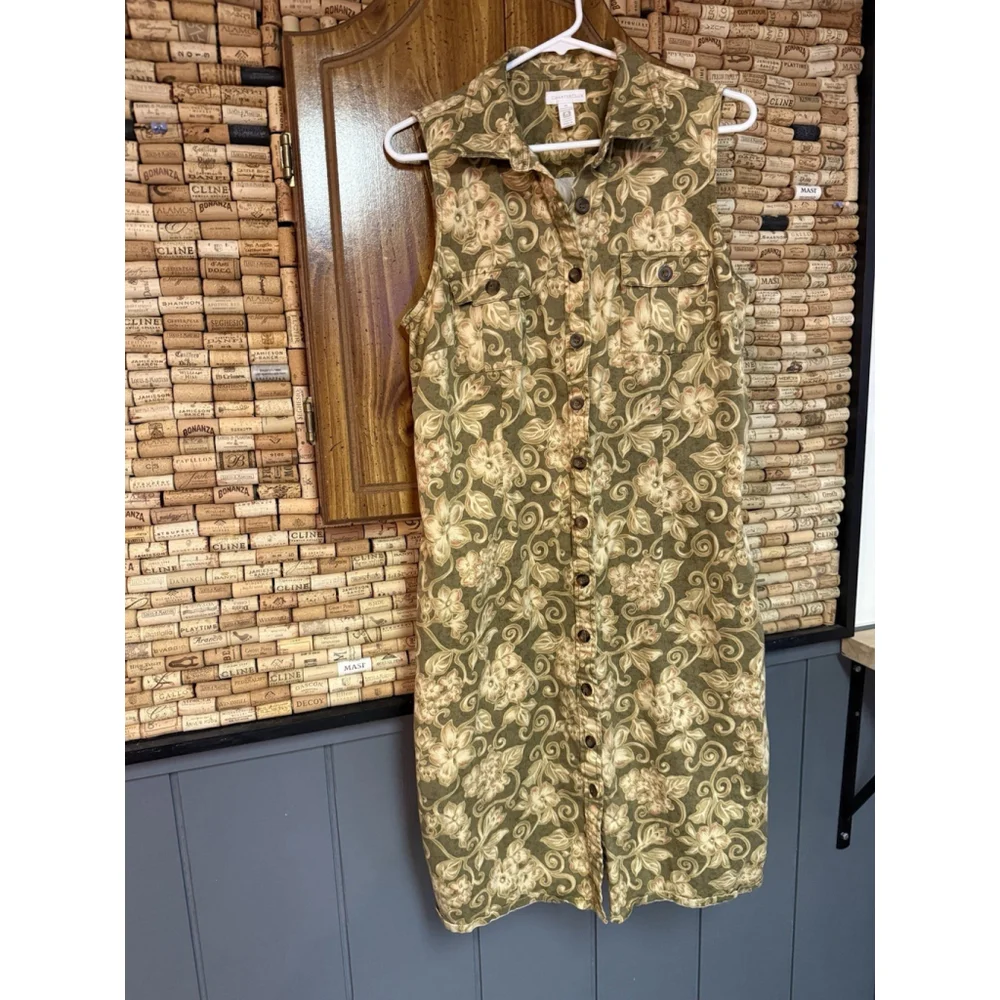 Charter Club Green Floral Sleeveless Cotton Collared Button Front Sundress Sz 14 - Picture 1 of 7